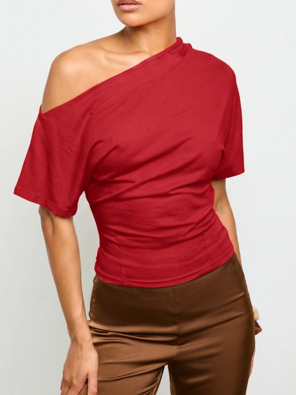 Red Casual Women's Asymmetric Ruched Short Sleeve T-Shirt